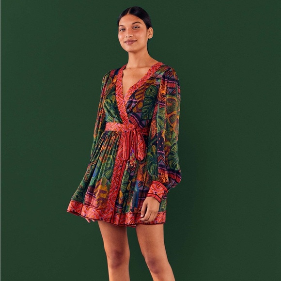 FARM Rio Dresses & Skirts - Farm Rio Wrap Mini Dress Long Sleeve Forest Tapestry Boho Green Pink Size Small